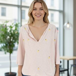 Loft lemon embroidered split neck top